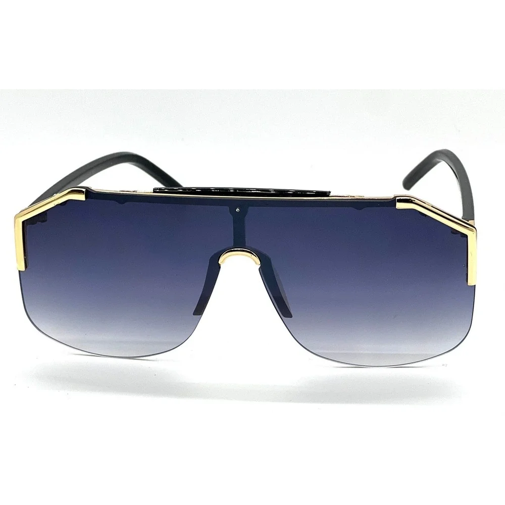 Shield Sunglasses Gold Accents Single‎ Black Lens Miami Beach Style Trendy Gafas